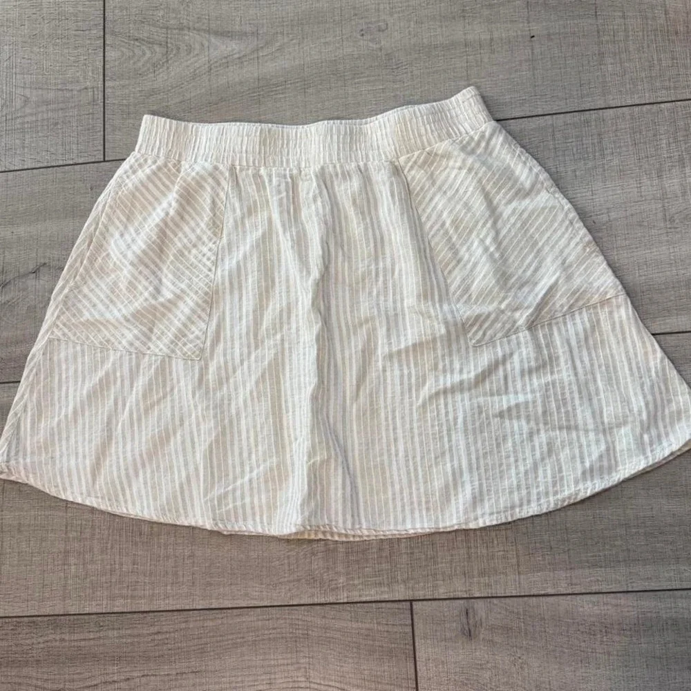 Linen Blend Mini‎ Skirt Cream Elastic Waist Casual Summer Skirt